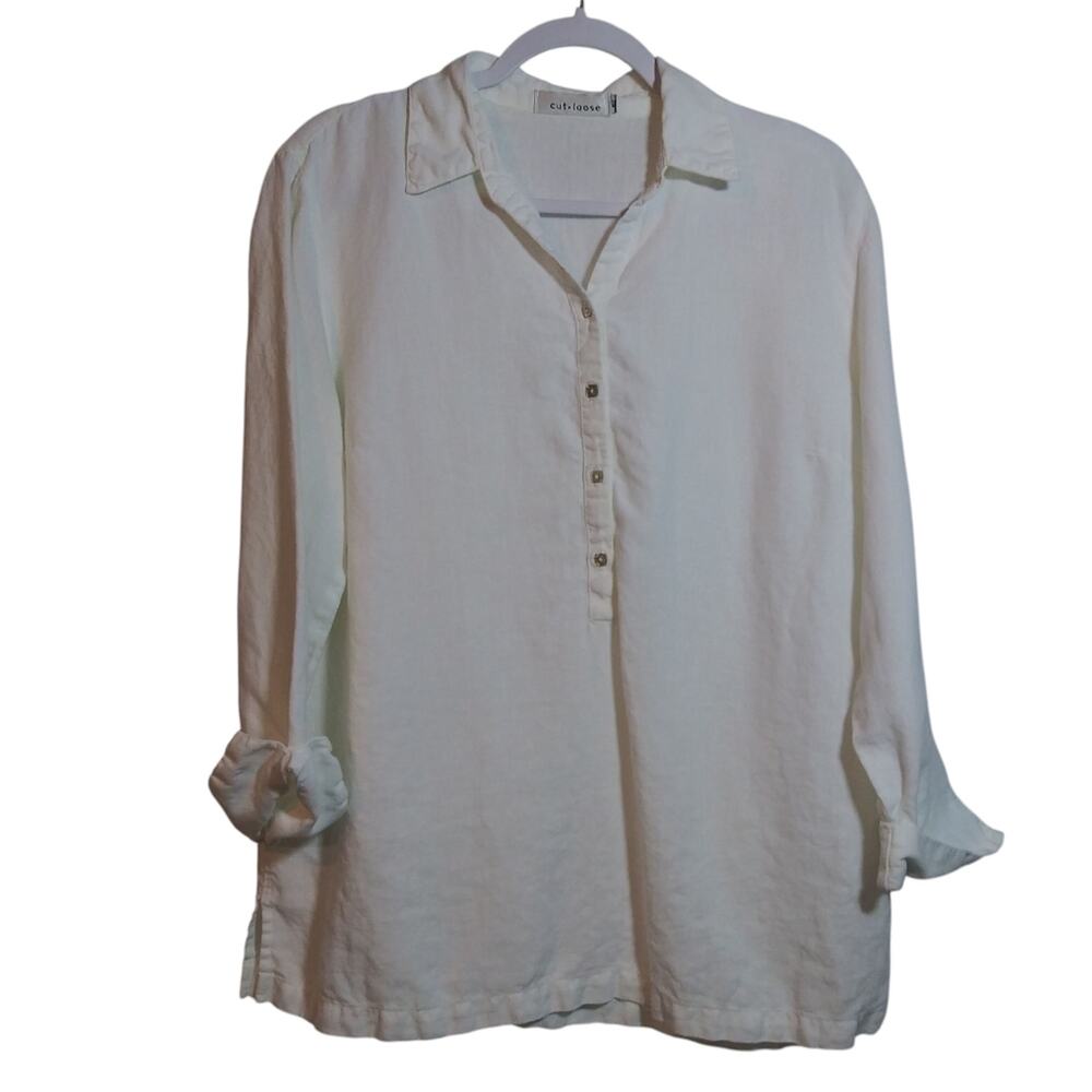 Cut Loose White Half Button-Up Women's Linen Popover Top Natural Minimalist Sz S